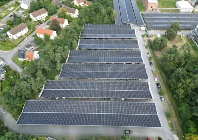 Aerial view of Bion XL solar parking canopies at Baxter Halle, Germany