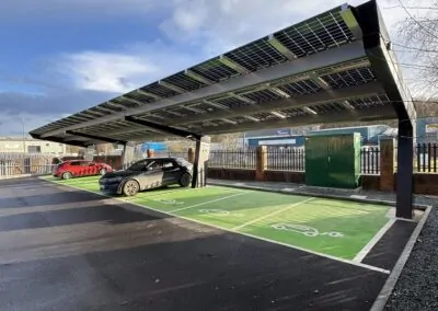 OPTI Bluetop Solar Parking canopies at Custom Solar Office in Chesterfield