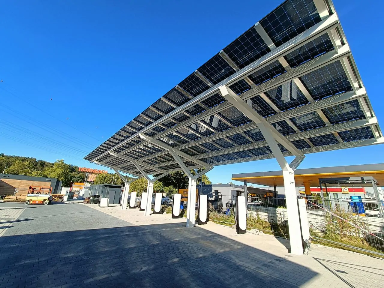 Bluetop Solar Parking BlueRoof solar canopies at Tesla charging site in Pforzheim