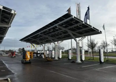 Solar canopy system at Tesla charging station car park in Helsingborg